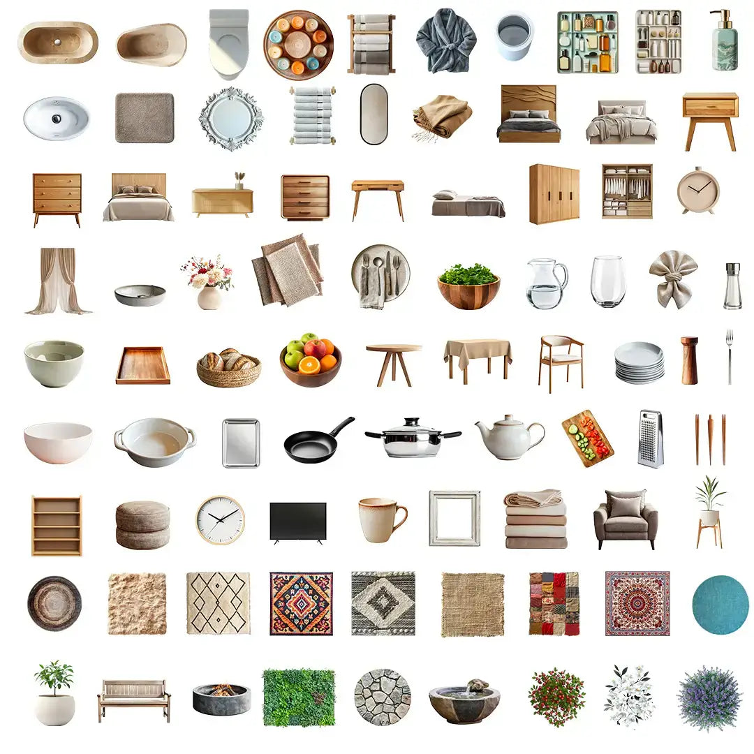 Collection of various home decor items and furniture on a white background