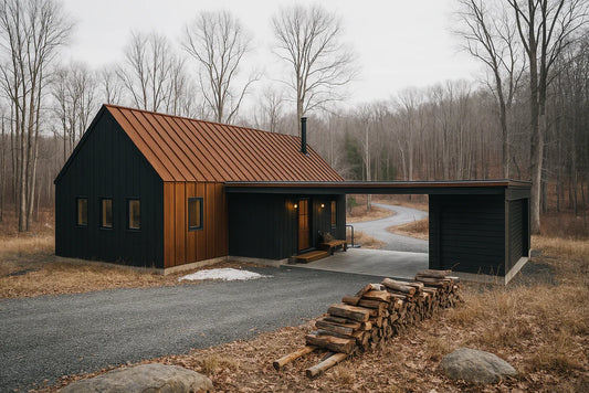 Modern black house with a brown roof in a forest setting