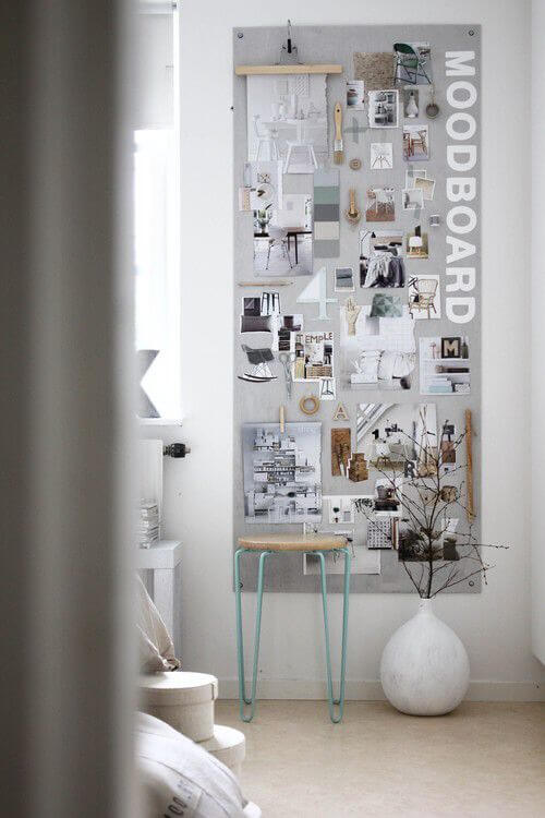 Moodboard on a wall with various images and notes in a modern interior setting.